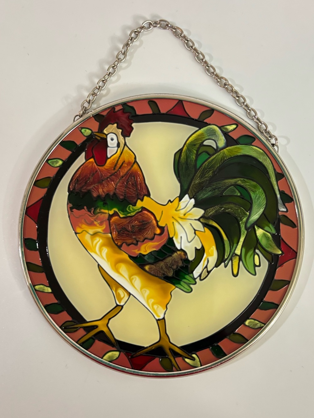 Joan Baker Hand Painted Decorative Rooster Sin Catcher - Green, Yellow, Red 4.5”